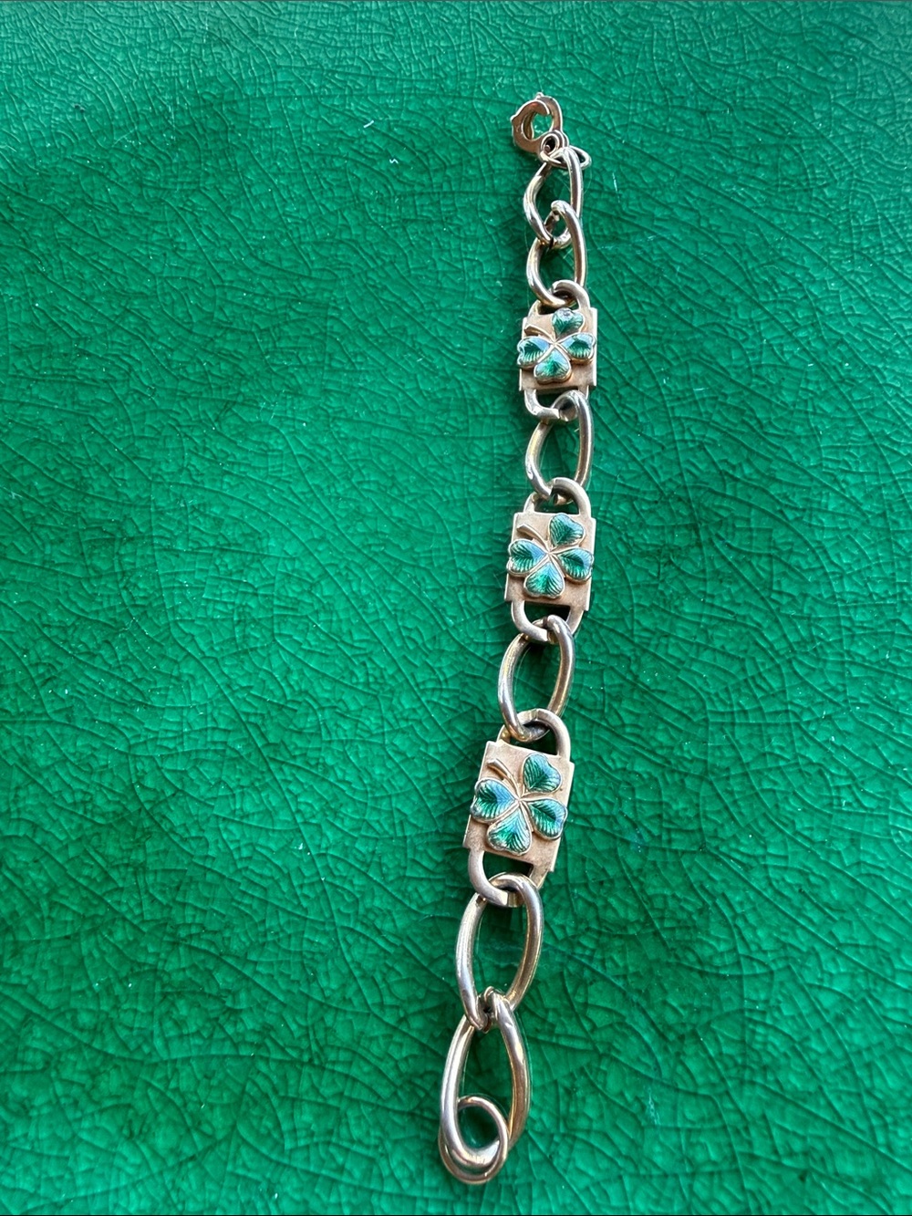 Vintage Green Enamel Four-Leaf Clover Panel Link Bracelet